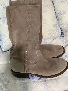 Carlos by Carlos Santana Taupe Suede Mid-Calf Boots with Stud Accents
